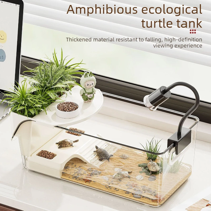 Turtle Tank with Basking Area, Transparent Reptile Terrarium Habitat for Pet Turtles, Hermit Crabs, Tortoise Adoption