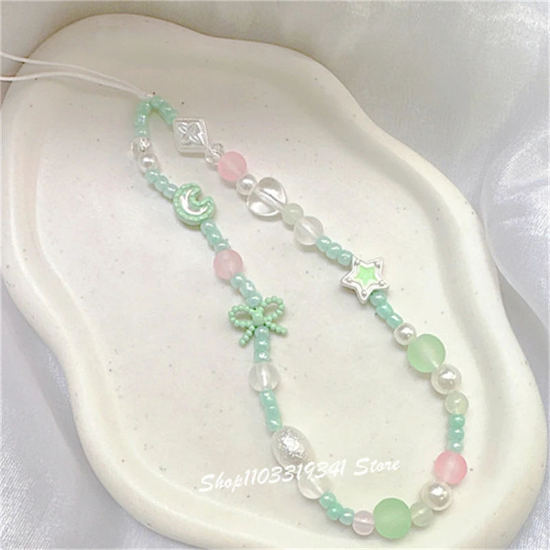 

Корейская милая зеленая луна, звезда, бант, подвеска для телефона из бисера, цепочка для iPhone, аксессуары, ремешок для телефона, анти-потерянный ремешок, подвесная веревка для девочек