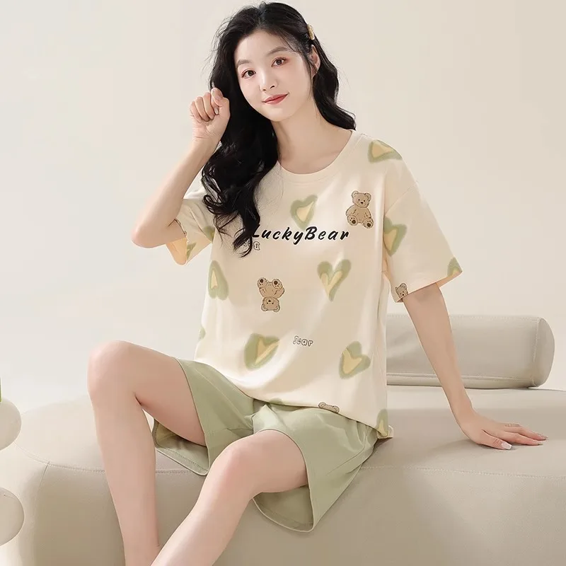 Pajama Set Loungewear Nightwear Breathable Soft Two Piece Short Sleeve Shorts Cute Homewear Lightweight Comfortable Summer