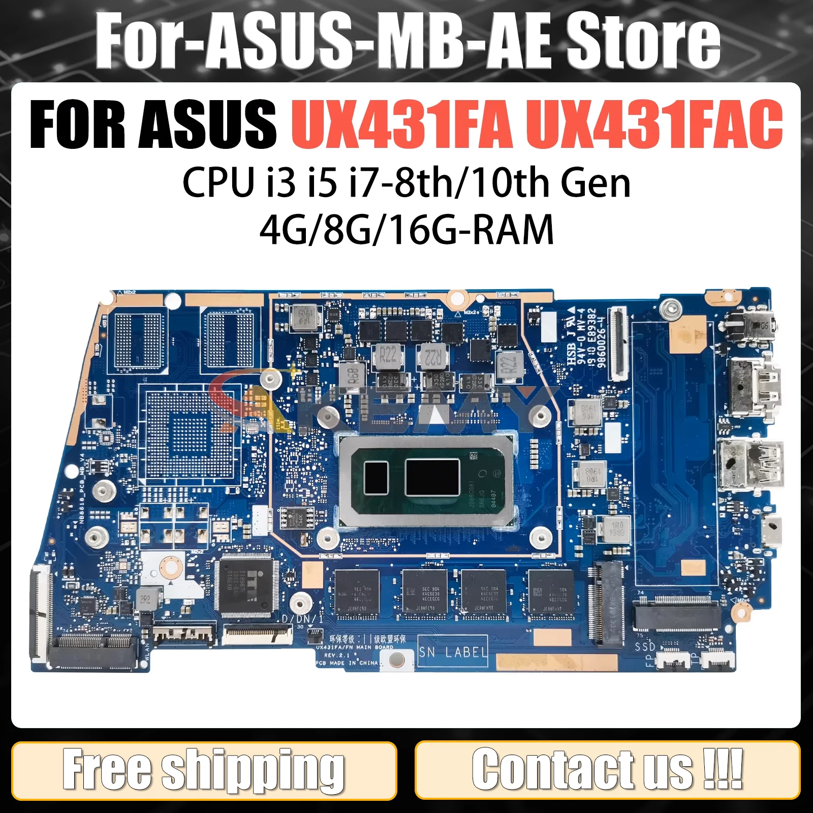 UX431FA Mainboard For ASUS UX431FAC BX431F RX431F UX431FN UX431FLC Laptop Motherboard I3 I5 I7 8th/10th Gen 4G/8G/16GB-RAM