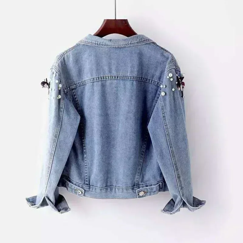 

Autumn Denim Jacket Coat Women Beading Loose Overcoat Jeans Jacket Basic Coats Long Sleeve Casual Outerwear Female Spring