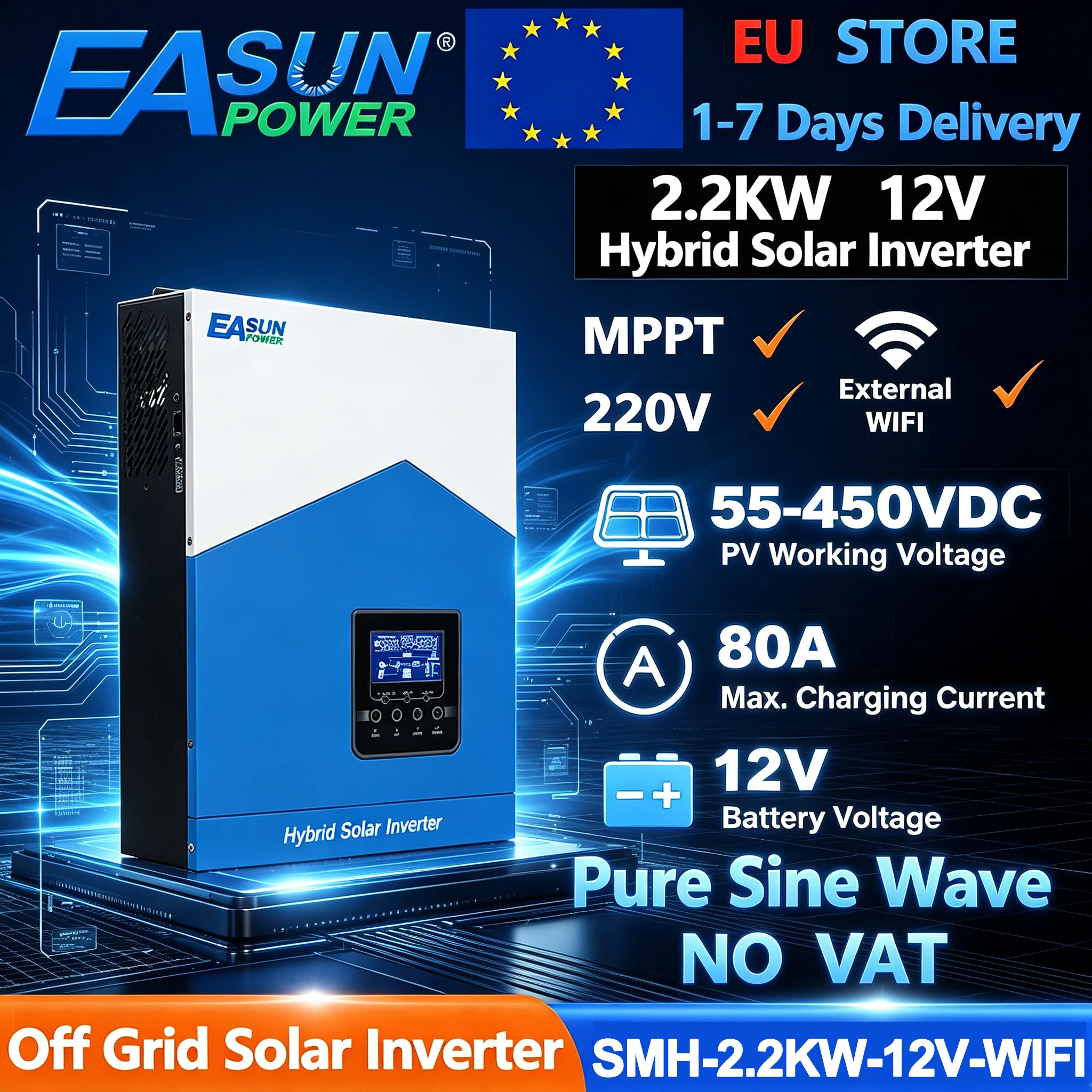EASUN 2.2KW Inverter solare ibrido 12V 230V 80A Mppt Regolatore di carica solare Ingresso fotovoltaico 450V Inverter a onda sinusoidale pura con WIFI