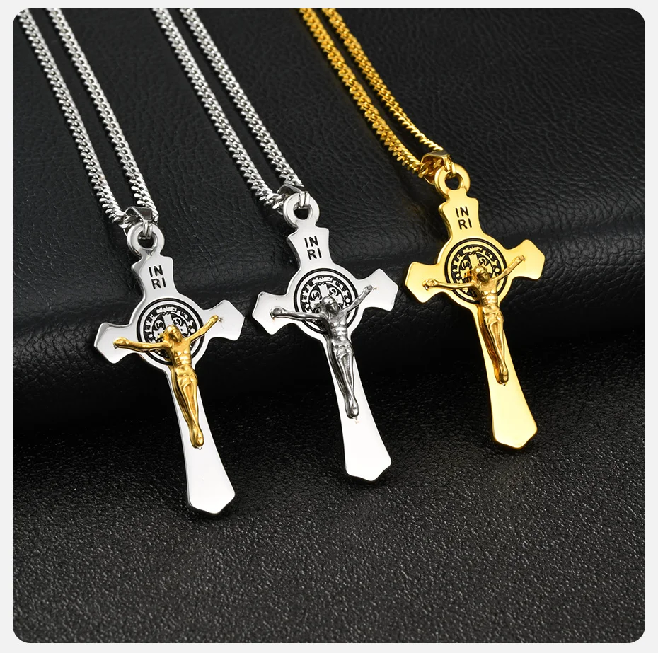 Vnox Heiliger Benedikt Katholisches Kreuz-Anhänger-Halskette für Männer und Frauen, 50/60/70cm Edelstahl-Gliederkette, Religiöser Schmuck Geschenk – Detail 5