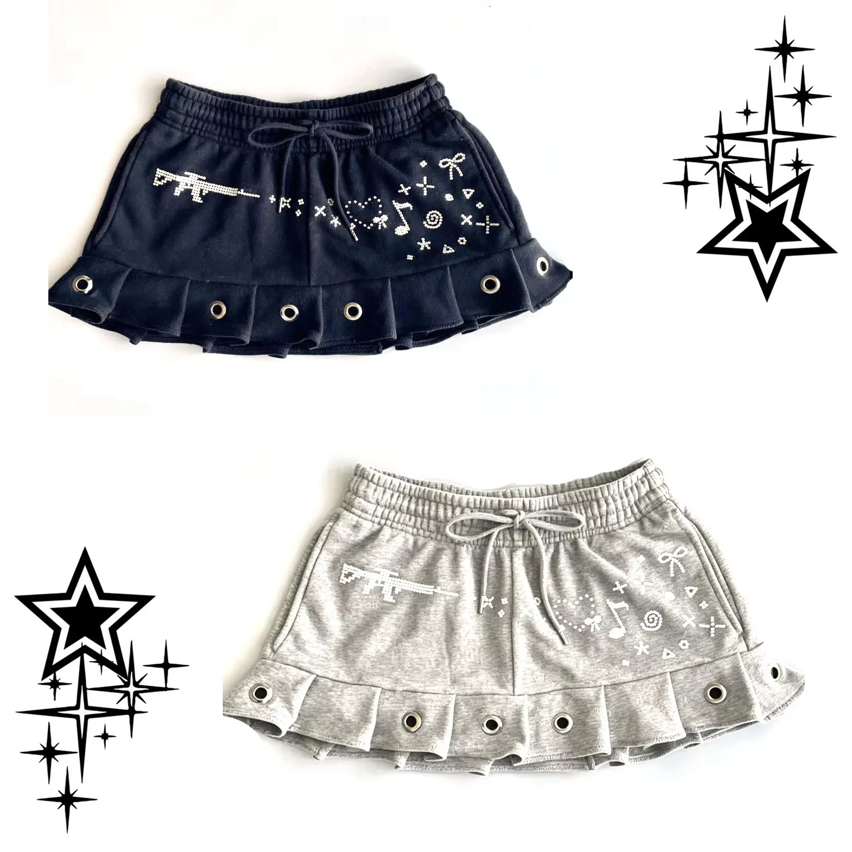 Y2K Rhinestone Mini Skirt Women Drawstring Elastic Waist Ruffle Hem Skirt Gothic Eyelet Pleated Short Skirt Cute Music Note Hear