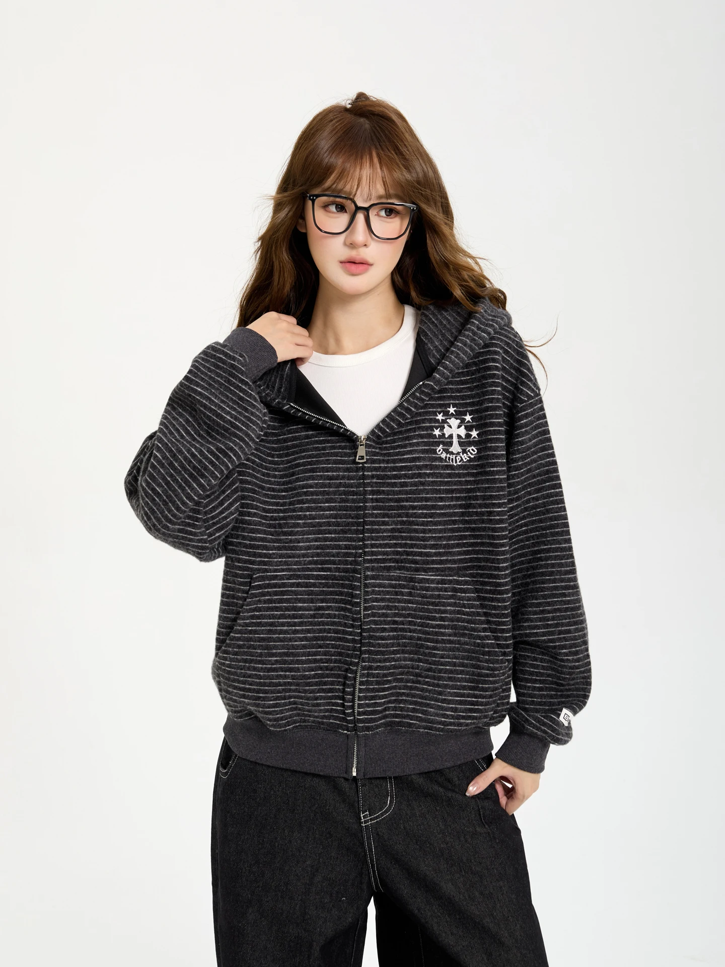 

7KEEWEN Осенний женский кардиган-свитшот в американском ретро-стиле с вышивкой букв, в полоску, с капюшоном, свободного кроя