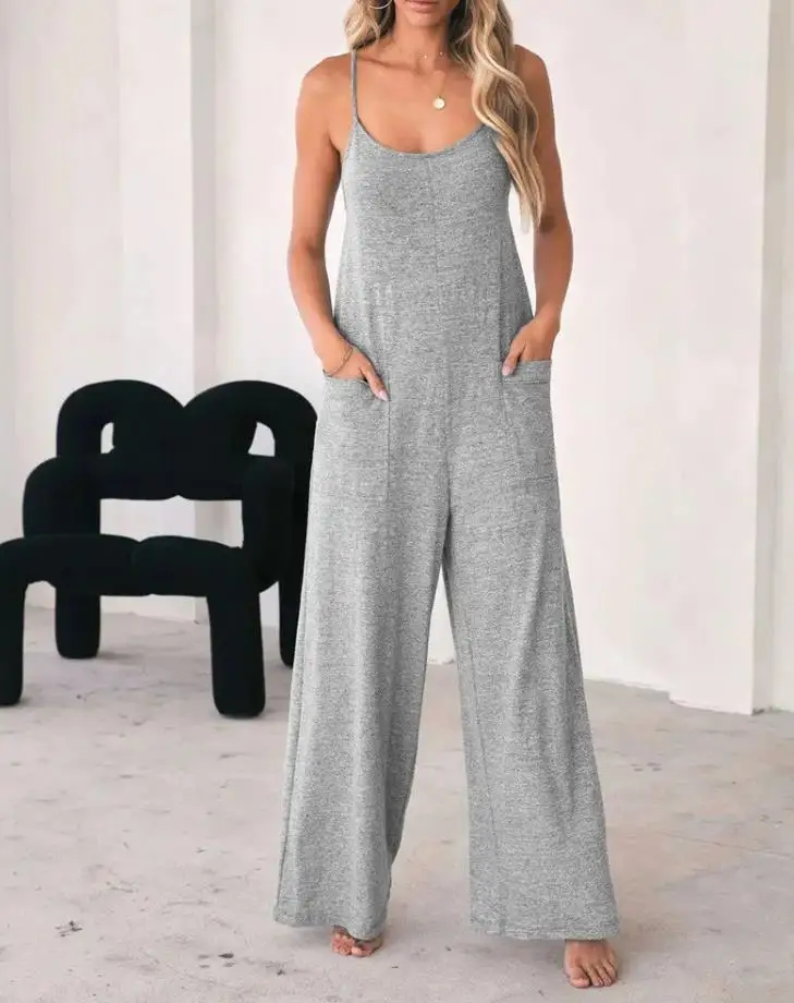 Jumpsuit For Women 2022 Fashion Grey Pocket Design Spaghetti Strap  Casual Home Daily Chic Loose Wide Leg Cami Jumpsuit