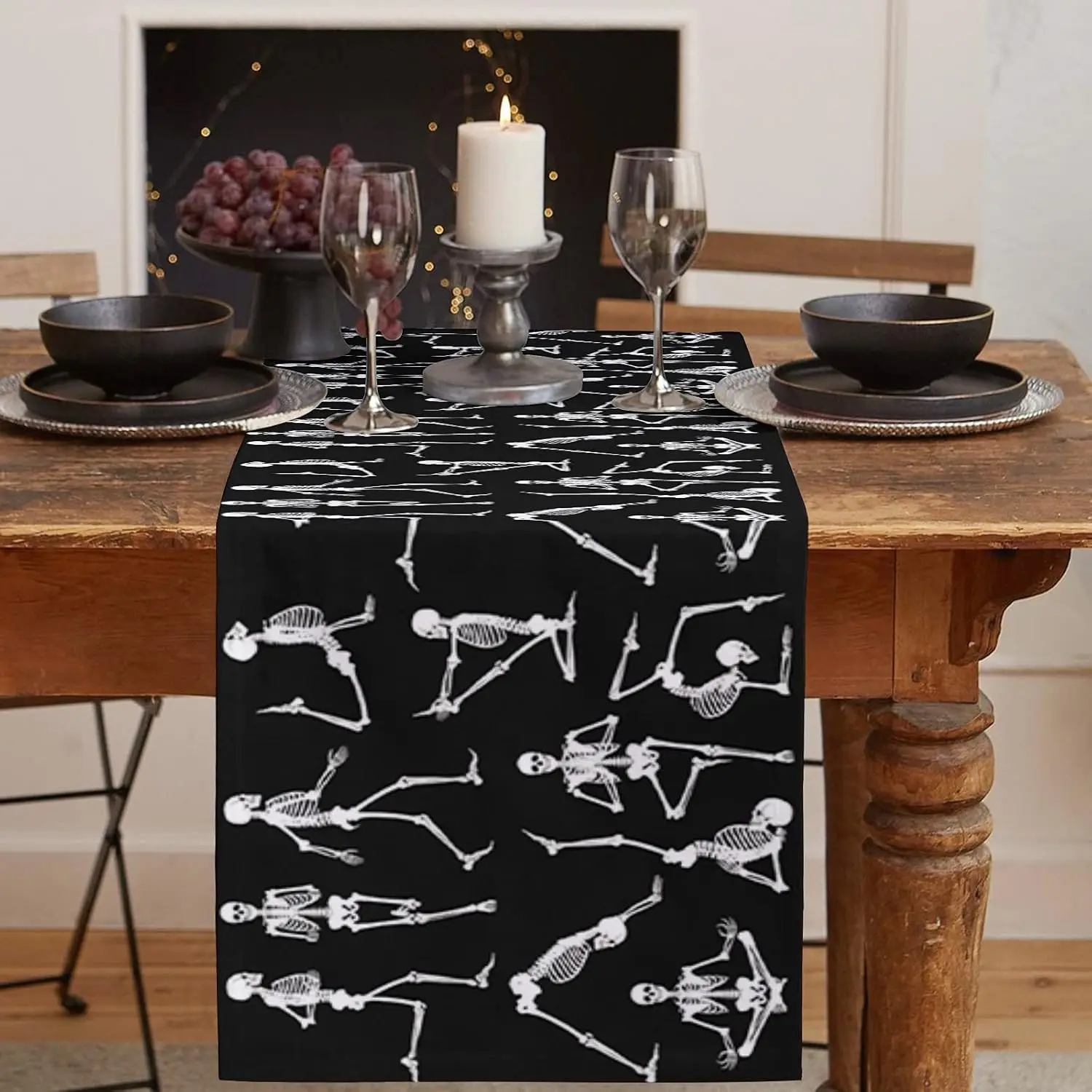 Halloween Black White Skull Skeleton Pattern Linen Table Runners Dresser Scarf Decor Reusable Dining Table Runner Party Supplies