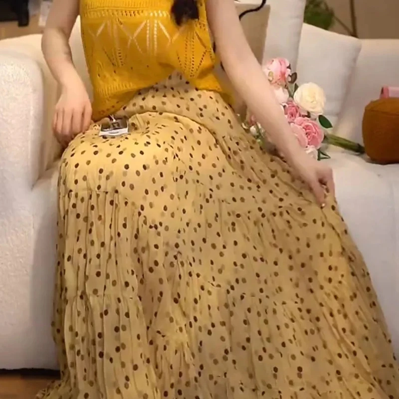 

Bohemian Beach Maxi Skirt Women Pleated Polka Dot High Waisted Yellow Skirt Summer Vacation Harajuku Y2K Sweet Skirt