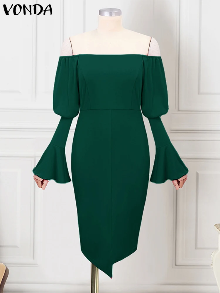 

Plus Size 5XL VONDA Women Dress 2025 Casual Off The Sholuder Sundress Ruffle Sleeve Knee-length Robe Elegant Vestido