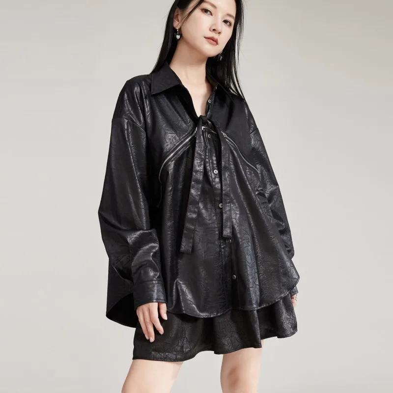 

Johnature American-style Two-wear Detachable Long-sleeved Zippered Shirt New European American Women Fashion Loose Shirts