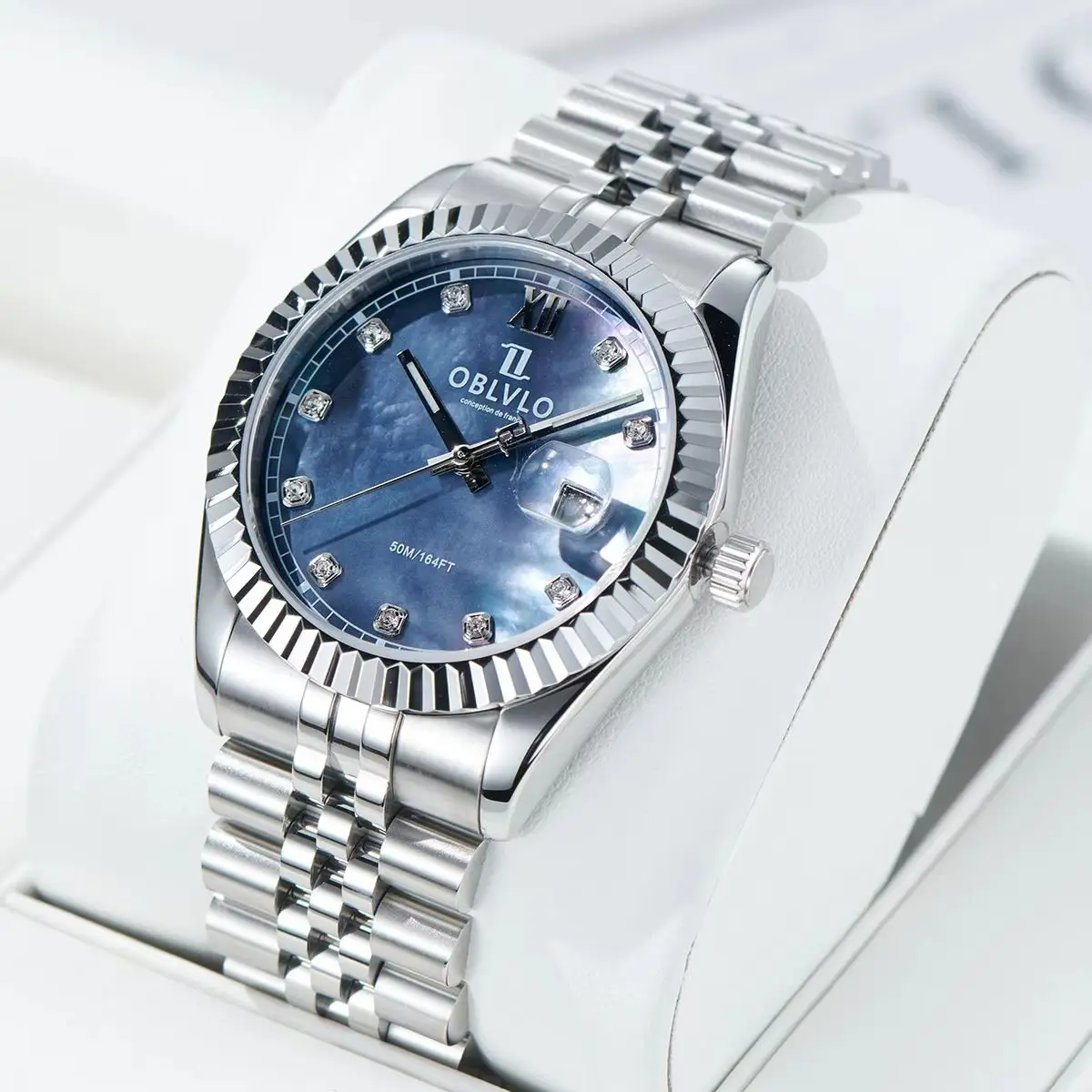 

OBLVLO Men Quartz Watch 39mm Fashion Wristwatch MOP Dial 5Bar Waterproof Sapphire Luminous Ronda 505 Mov