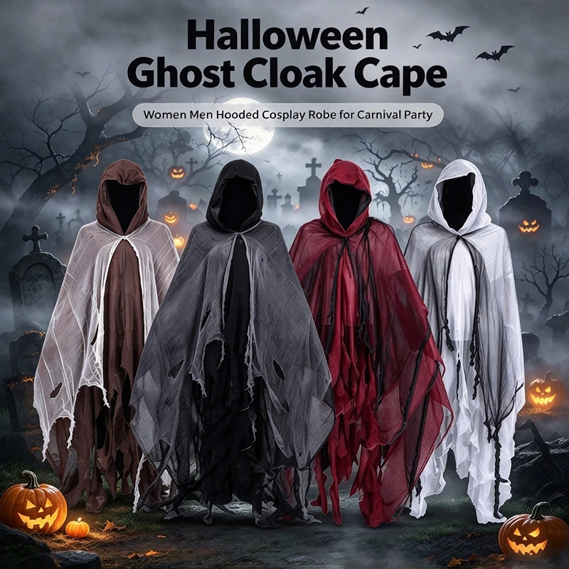 Halloween Hooded Cloak Tattered Torn Robe, Horror Witch Costume Medieval Vintage Scary Cape for Men Women Cosplay Carnival Party