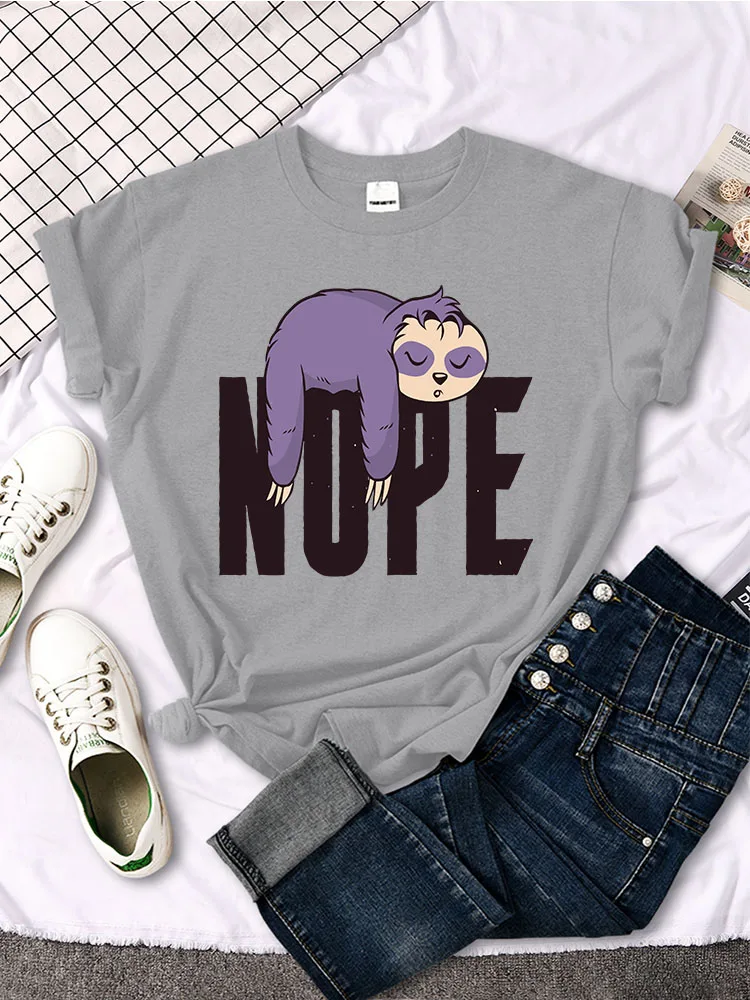 Females T-Shirt Sleeping Purple Sloth Nope Print T-Shirts Womans O-Neck Sports Oversize Clothes Slim Kawaii Animal Ladies Shirts