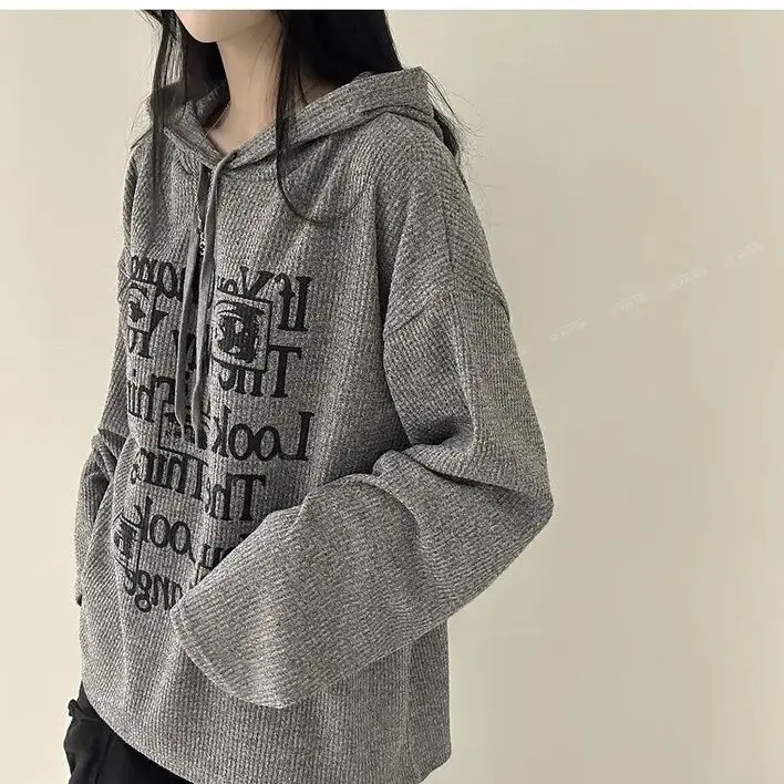 Letter Printed Hoodies Women Casual Loose Long Sleeve Hoodie Vintage Harajuku Trend Hooded Clothes Oversized Sweatshirt Coat