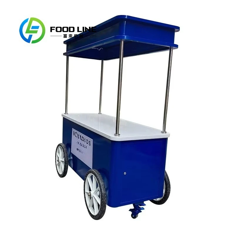 Customized Blue Hand Push Vending Cart Commercial Mobile Trolley for Snack Ice Cream Hot Dog Selling Street Side