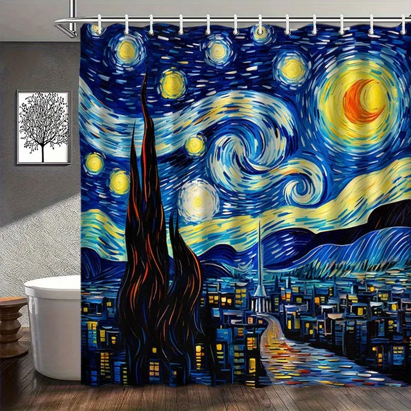

Starry Night Shower Curtain Van Gogh Art Print Blue Sky Moon Swirls Waterproof Bathroom Decor