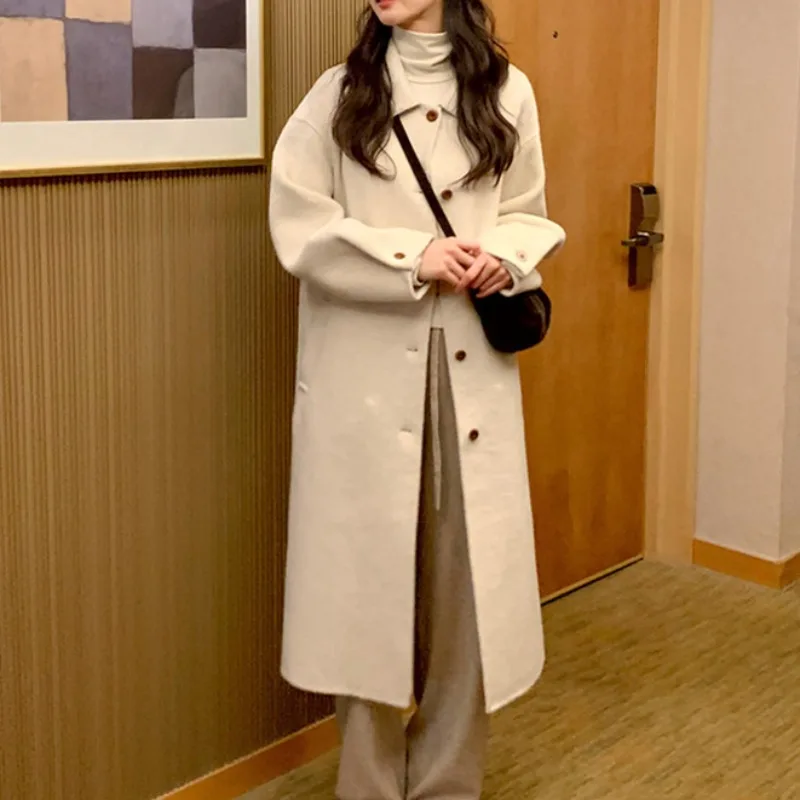 

Женское шерстяное пальто, шикарное осенне-зимнее свободное пальто с длинными лацканами для похудения, простой корейский модный чистый цвет