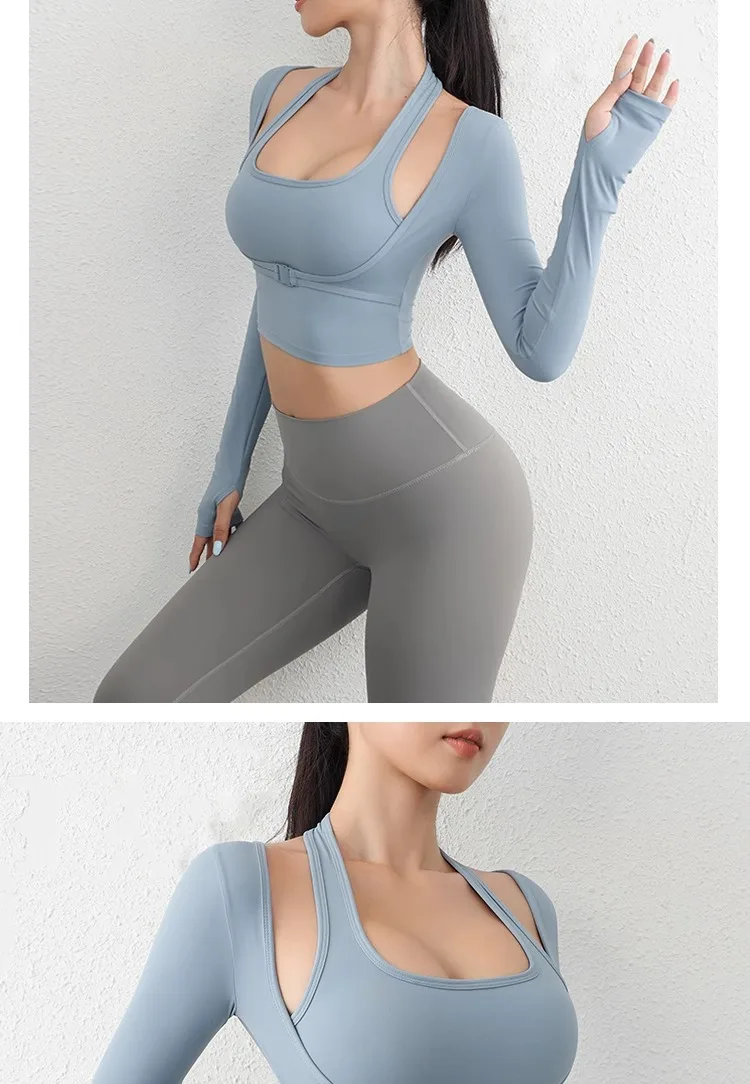 Herbst Sport Damen Oberteile Modische Langarm-Trainings-Tops mit Daumenlöchern Fitness Crop Yoga-Top – Detail 19