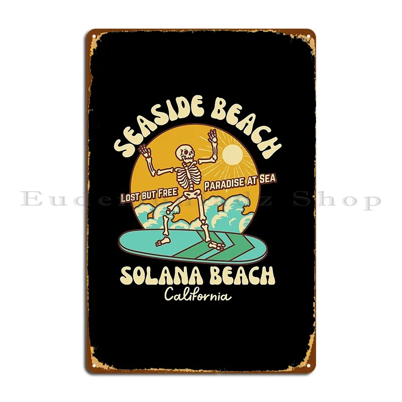 Retro Sixties Seaside Beach Solana Beach California Beige Text Skeleton Beach Skeleton Surf Metal Sign Wall Decor