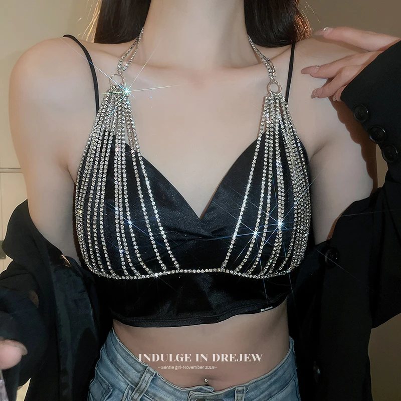 

Sexy Body Chains for Women, Layered Rhinestone Crossover Bikini Bra Body Jewelry, Summer Beach Crystal Body Chain For Girls