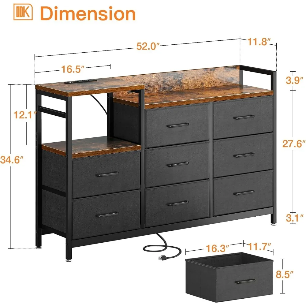 Kommode mit Ladestation, 52 Zoll lange Kommode für Schlafzimmer mit 8 Schubladen, Stoffkommoden, Kommoden mit