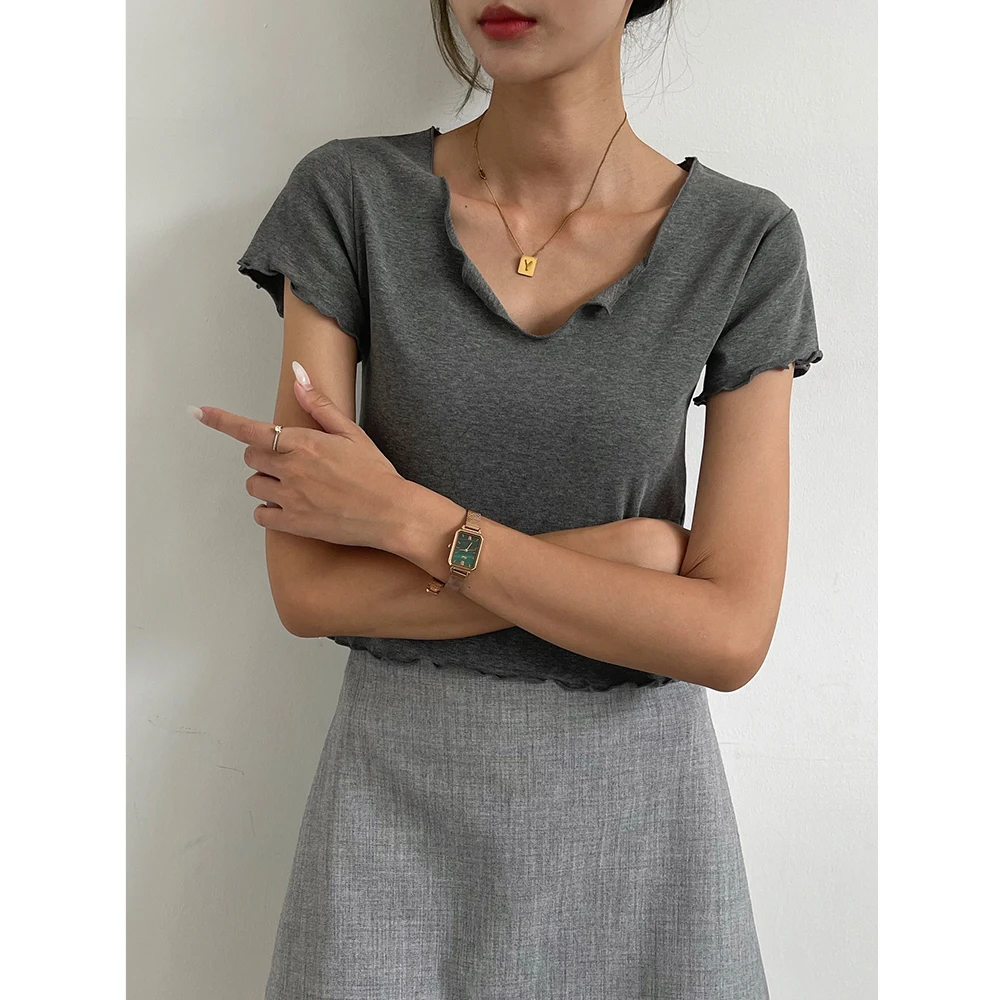 

JANE ey Asymmetrical Collar ort Sve Women's T-irt Summer Pure Cotton Lustrous Cotton Regular oulder Pure Color Top