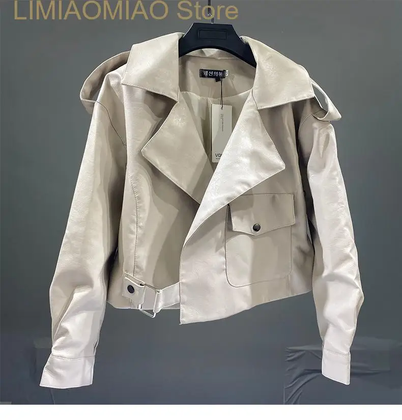 Chaqueta de piel sintética de gran tamaño para Mujer, abrigo de motociclista recortado que combina con todo, estilo europeo, moda de otoño, nuevo