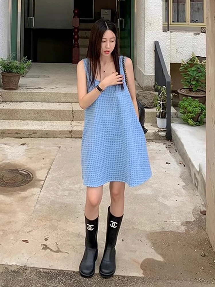 Retro Svel Vest Dr Women's Summer New Loose Slim A-Line ort Skirt Cotton Sweet Sle round Ne Gingham Pattern