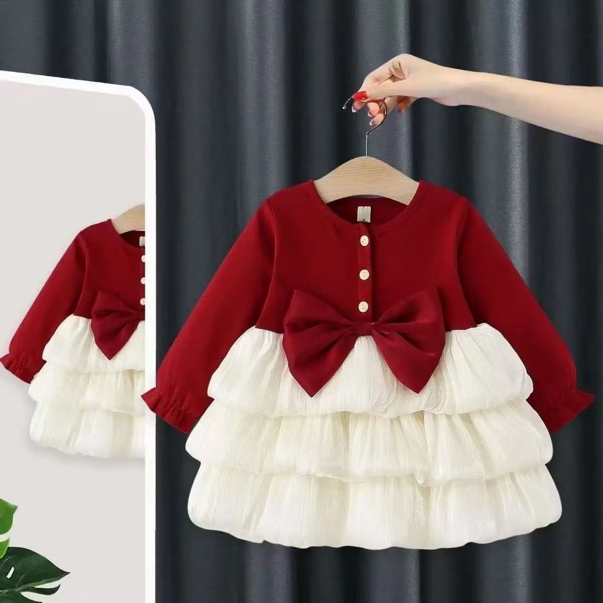 

Baby Girl Dress Spring and Autumn Red Long-Sleeve Bow Girls Dress Adorable Christmas Baby Dress Baby Girl Clothing