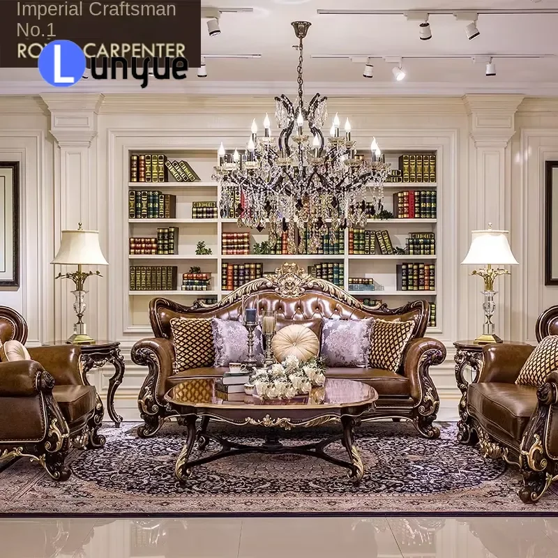 Handmade Carved Leather Sofa Solid Wood Frame  Design Luxury Villa Living Room Furniture Modern European Neoclassical Style