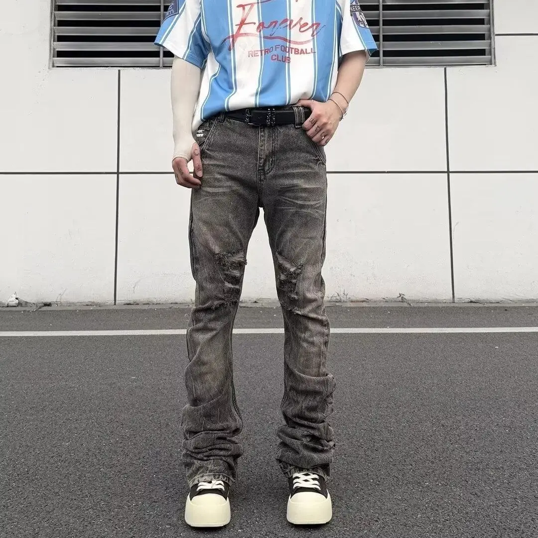 Men's Pleated Design Punk Jeans Casual Pants Cool Boy Casual Bottom Wide Legs Unisex Sweatpants Male High Waist Denim Trousers