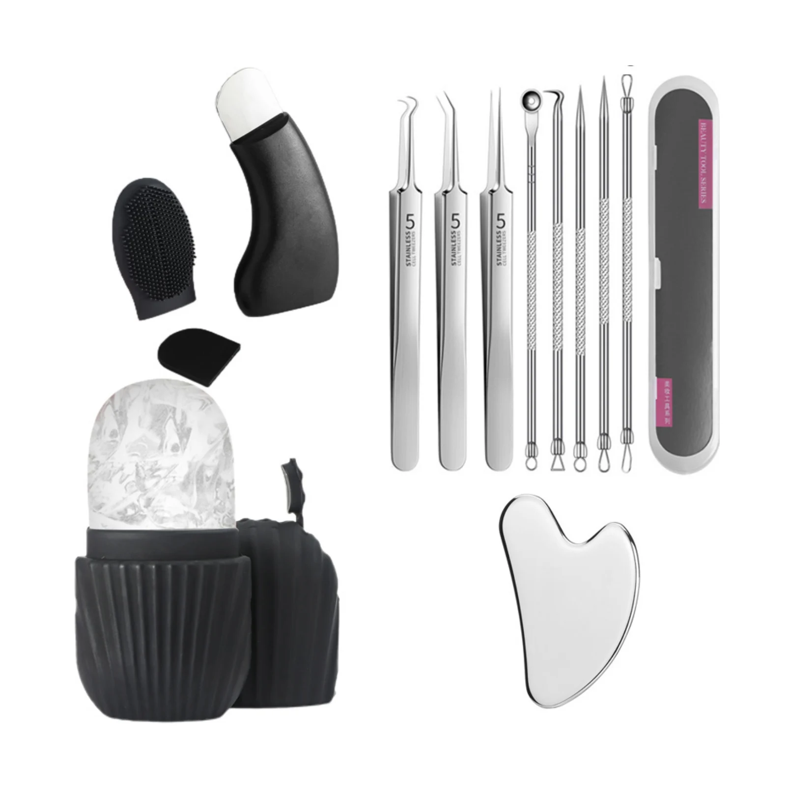 Gezichtsverzorging schoonheidsset, oogijsroller, puistjespincet, mee-eterschraper, combinatieset, gezichtsreiniging en huidverzorgingstool