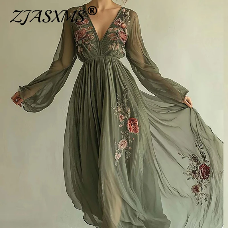 Boho-Frauenkleidung, Blumendruck, lange Kleider, sexy V-Ausschnitt, hohe Taille, hohles Partykleid, 2025, Frühling, lange Ärmel, lockeres Maxikleid
