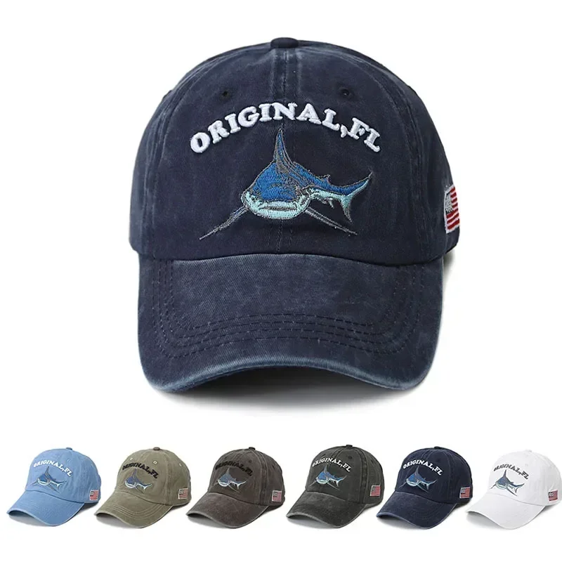 Embroidery Washed Cotton Shark Dad Hat for Men Vintage Baseball Cap Hip Hop Curved Fishing Cap Summer Fish Snapback Women Hat