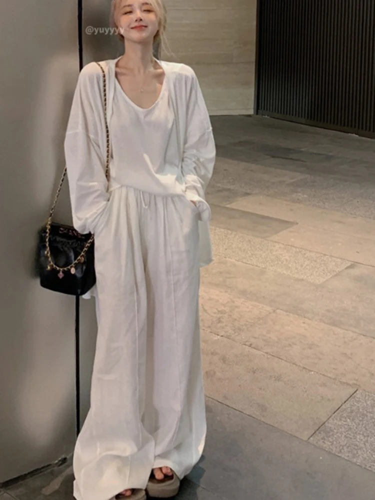 

​​3 Piece Set Women Spring 2025 Lazy Look UV Protection Overshirt Tank Wide Leg Pants Spring Outfit​​