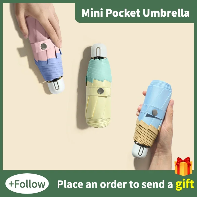 Mini Portable Pocket Umbrella for Women, Folding UV Sunshade, Small Sunny and Rainy Umbrellas, 8 Bone