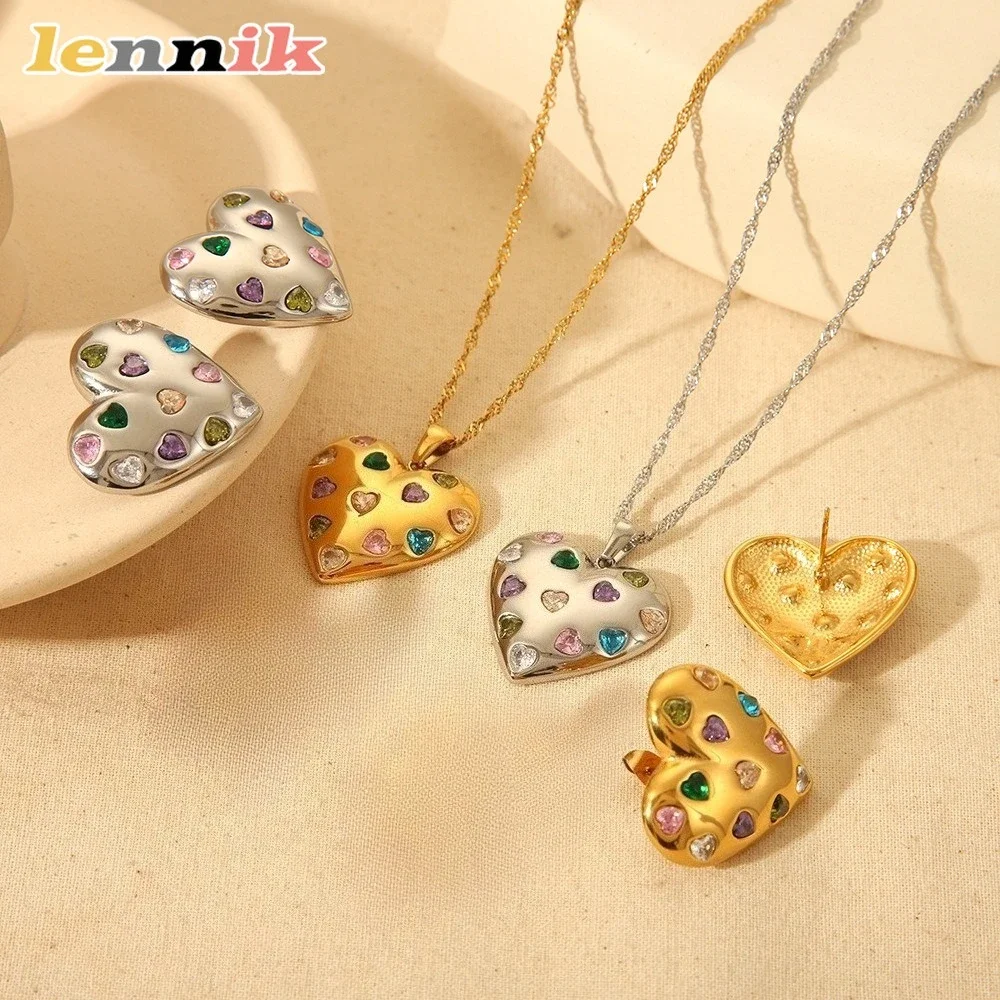 LENNIK Schmuckset, 18 Karat vergoldeter Edelstahl, Herz-Halskette und Ohrringe, bunter/weißer Zirkon, stilvoll für Damen