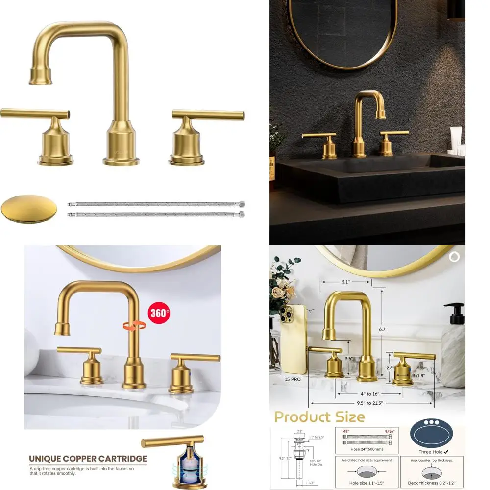 

Two-Handle Widespread Lavatory Faucet with Drain and Supply Hoses, Brushed Gold Finish, 3-Hole Sink Tap for Bathroom