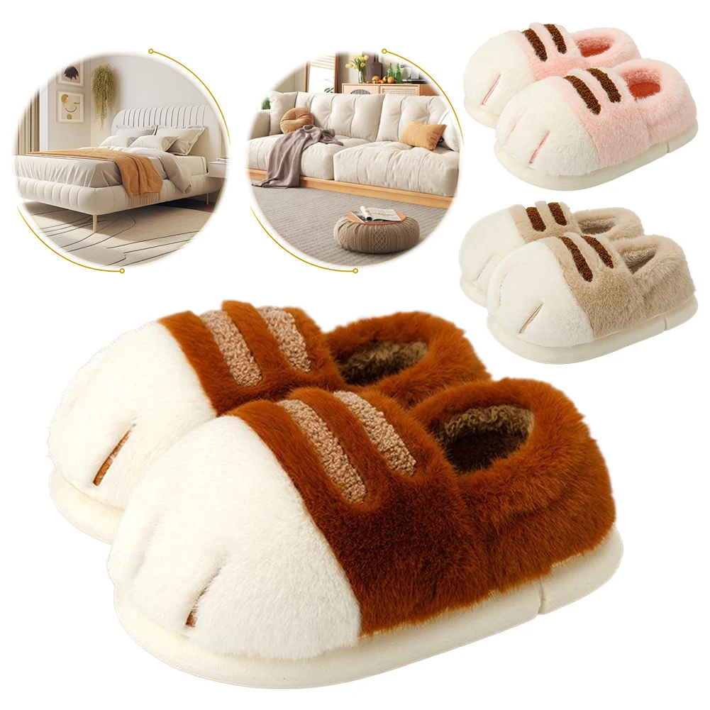 3D Cat Paw Plush Slippers Flat Thermal Slippers Comfortable Fluffy Home Slippers Furry Paw Couple Slippers for Indoor Bedroom