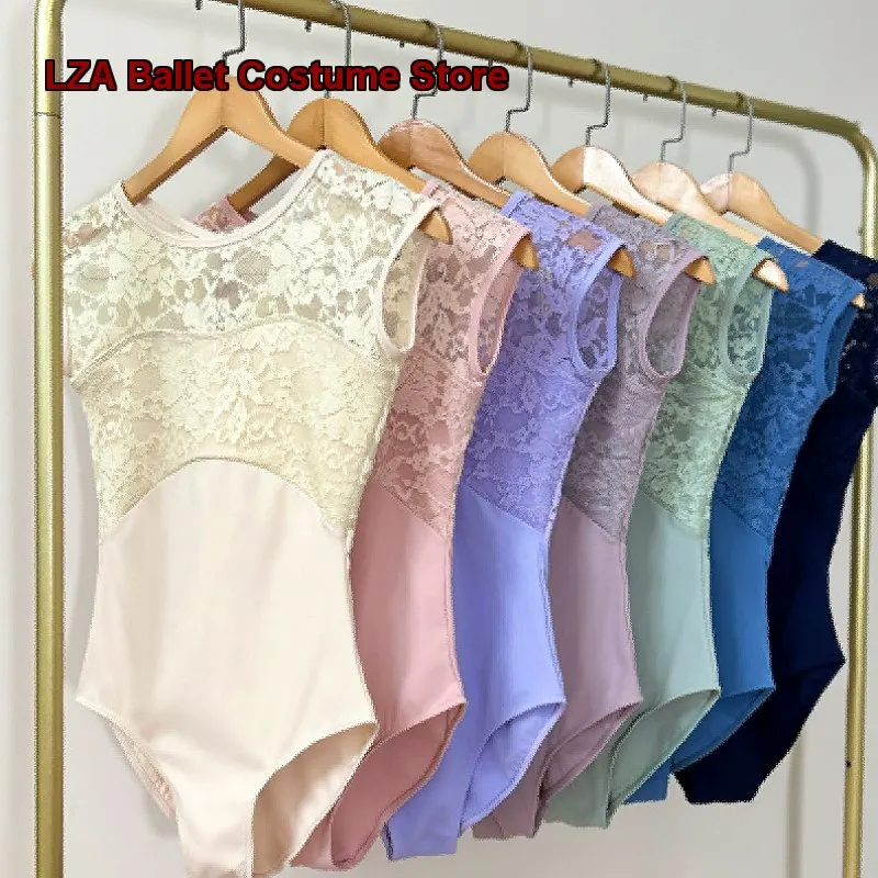 Women's Adult Lace Mesh Panel Gymnastics Leotard Art Exam Basic Training Body Suit Yoga