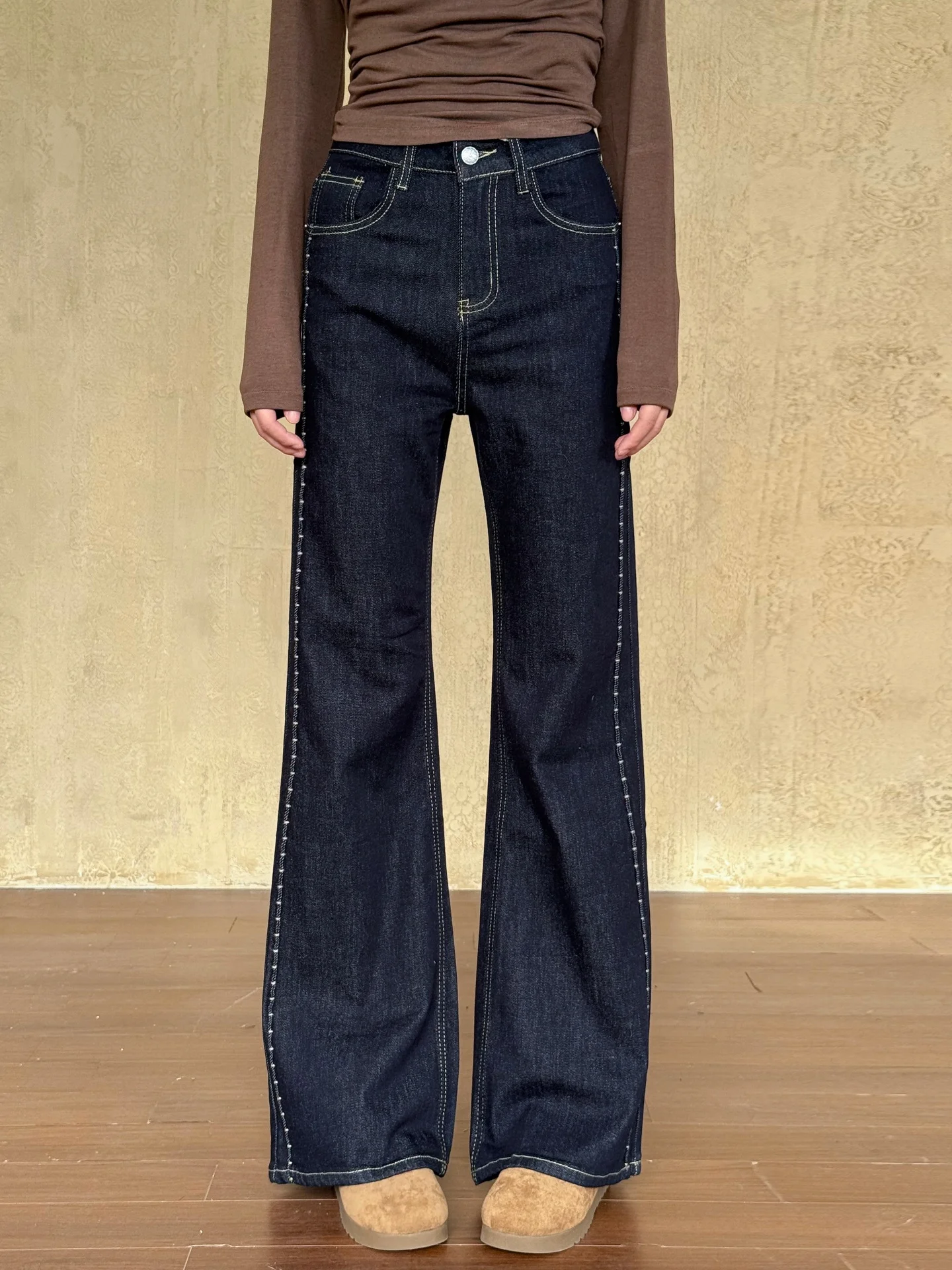 

Женские джинсы VintageTang свободного кроя на флисовой подкладке, с высокой талией, из хлопка, осенне-зимние, винтажные, расклешенные леггинсы