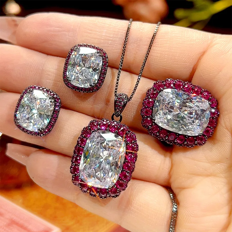 New Autumn/Winter Jewelry: Gold-plated White Diamond Light Luxury Black Gold Blue Spinel Set 12*16