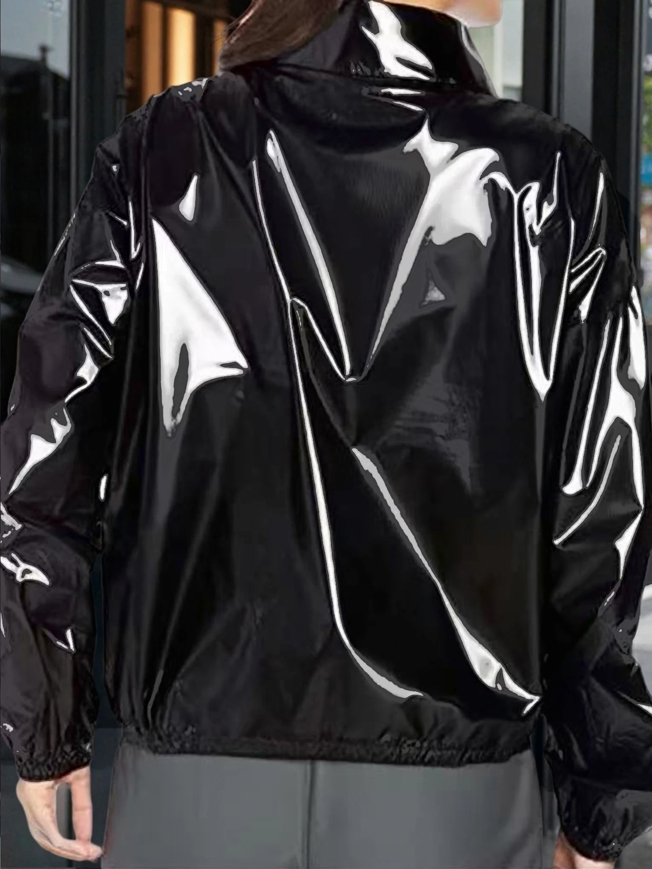 Women Fashionable Shopping, Party, Black Glossy Faux Leather Pullover, Elastic Rope, Ladies' PU Casual Shirt Top - view 4