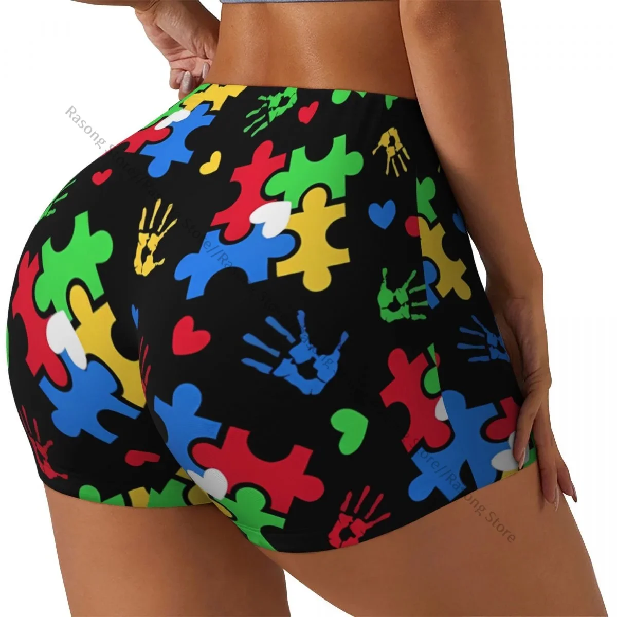 Push Up Short Elasticity Scrunch Butt Autism Awareness Colorful Puzzle Piece Running Yoga Shorts Womens Clothes Gym