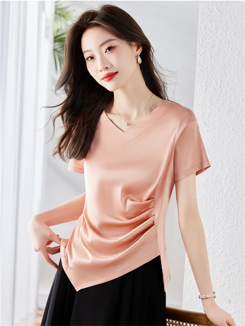 Elegant Summer Irregular Satin Shirts 2024 Autumn Silk Pullover V-Neck Slim Women Blouse plus size work wear Chic  blusas mujer