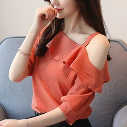 Fashion Women Blouses 2024Sexy Off Shoulder Top Slash Neck Chiffon Blouse Shirt Short Sleeve Women Shirts Summer Women Tops B49