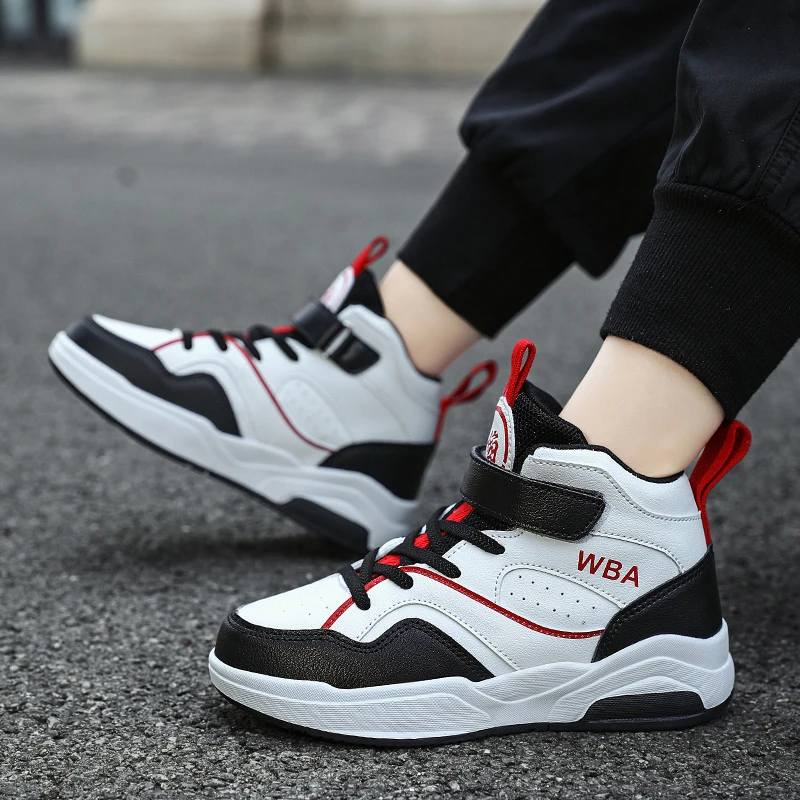 Kids High‑top Basketball Sneakers Boys PU Leather Skateboard Shoes Hook & Loop Thick Non‑slip Sole Children Fashion Sports Casua