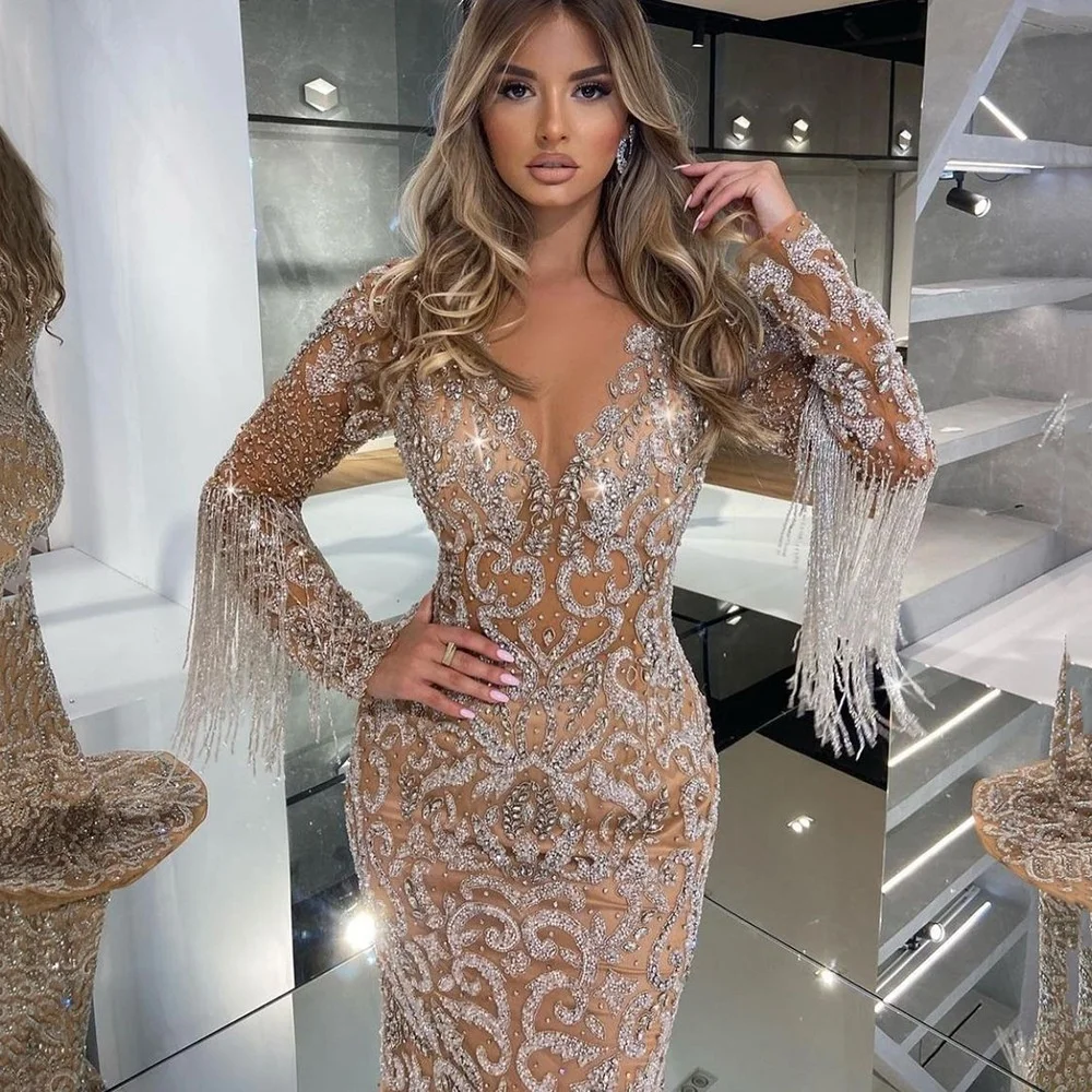 

Ele Sexy Long Evening Gown Women's Fi Tail Tassel Draped Gold Spattered Evening Dr mid Waist Other Fabric