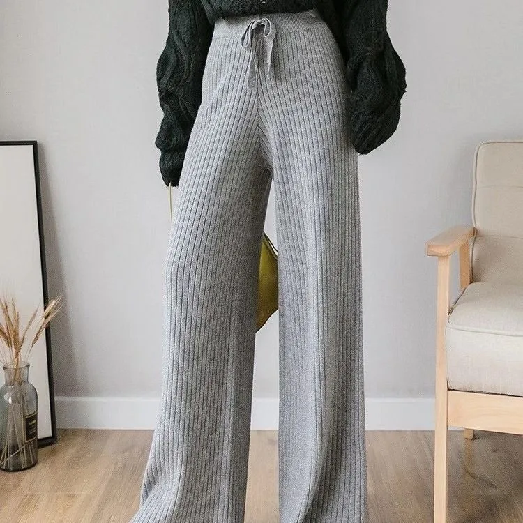 Thiened Pantalon à jambes larges tricoté Taille haute pour femme Automne Hiver Pantalon ample drapé à jambes droites Pantalon long en laine e Tube...