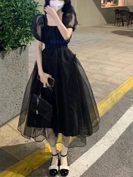 Vintage Black One Piece Dress Korean Short Sleeve Elegant Midi Dress Woman Party 2022 Summer Slim Casual Sexy Backless Dress